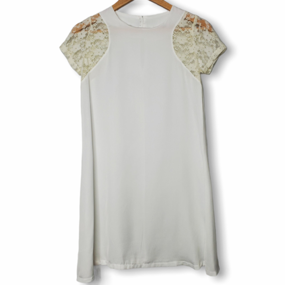 Round Neck Lace Sleeve Chiffon Dress White Sz S
